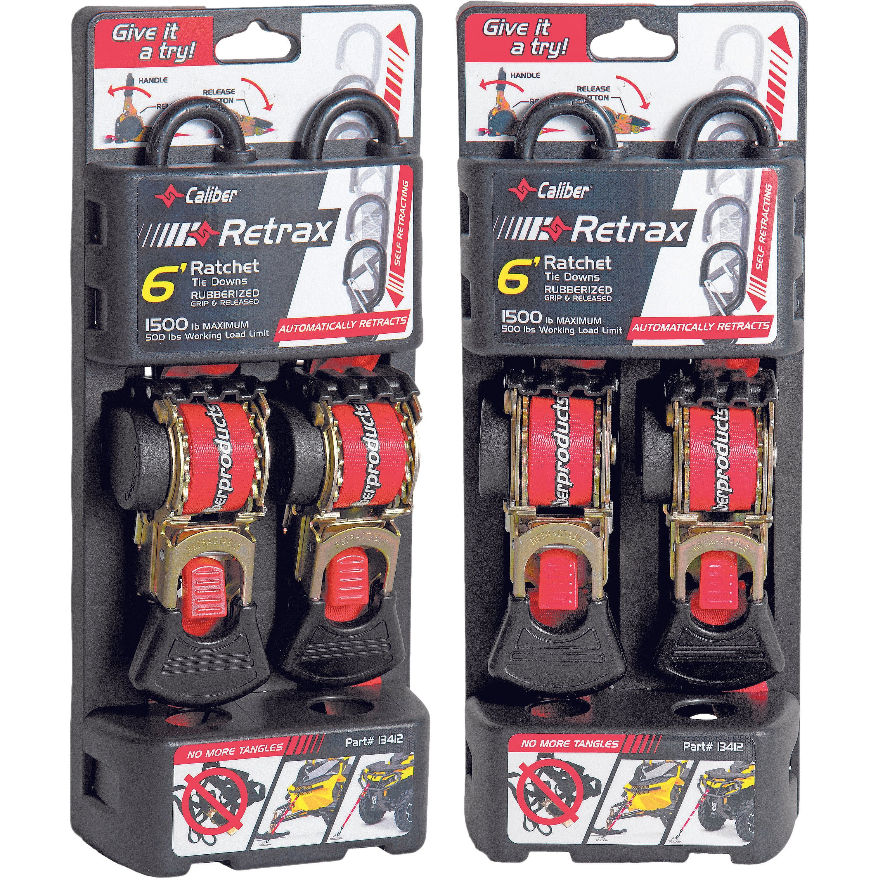 Caliber Retrax 6' Self Rewind Tiedown Strap Kit Pair 13412