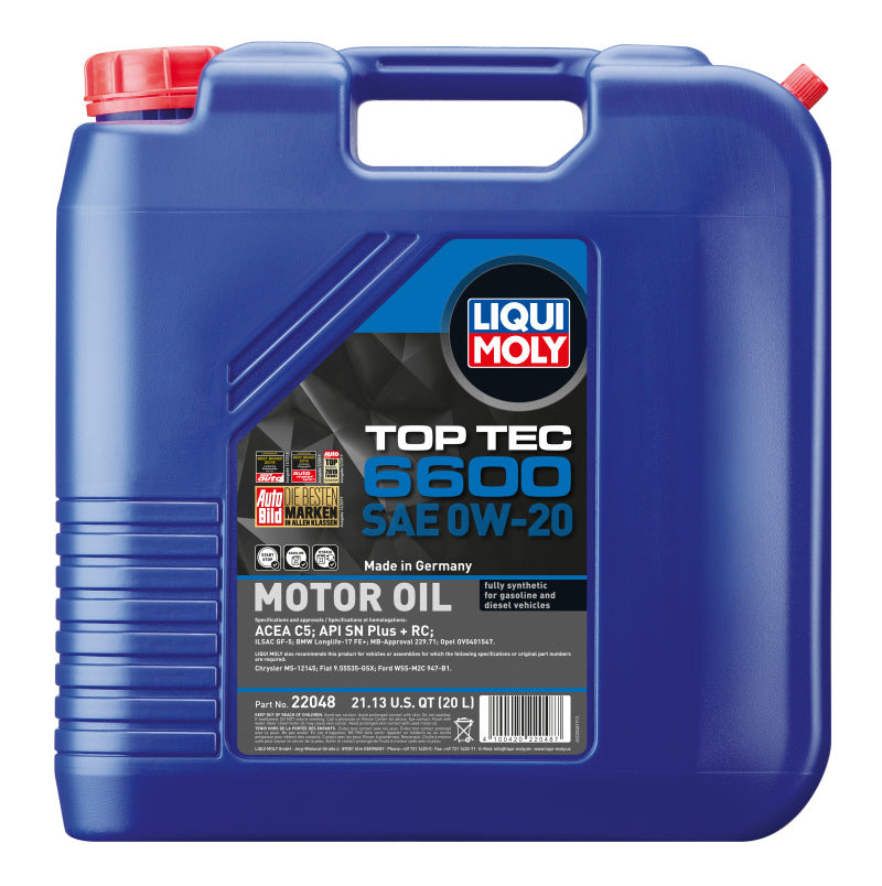 Liqui Moly 20L Top Tec 6600 SAE 0W20 Motor Oil 22048