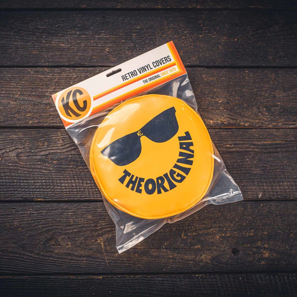 KC HiLiTES Cover; Retro 8" Vinyl Yellow w/ "THE ORIGINAL" Smiley Sunglasses (pr)