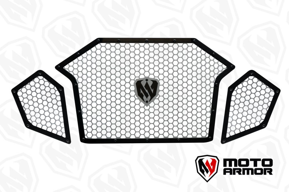 Moto Armor Complete Front Grill Set Black Trim Raw Mesh