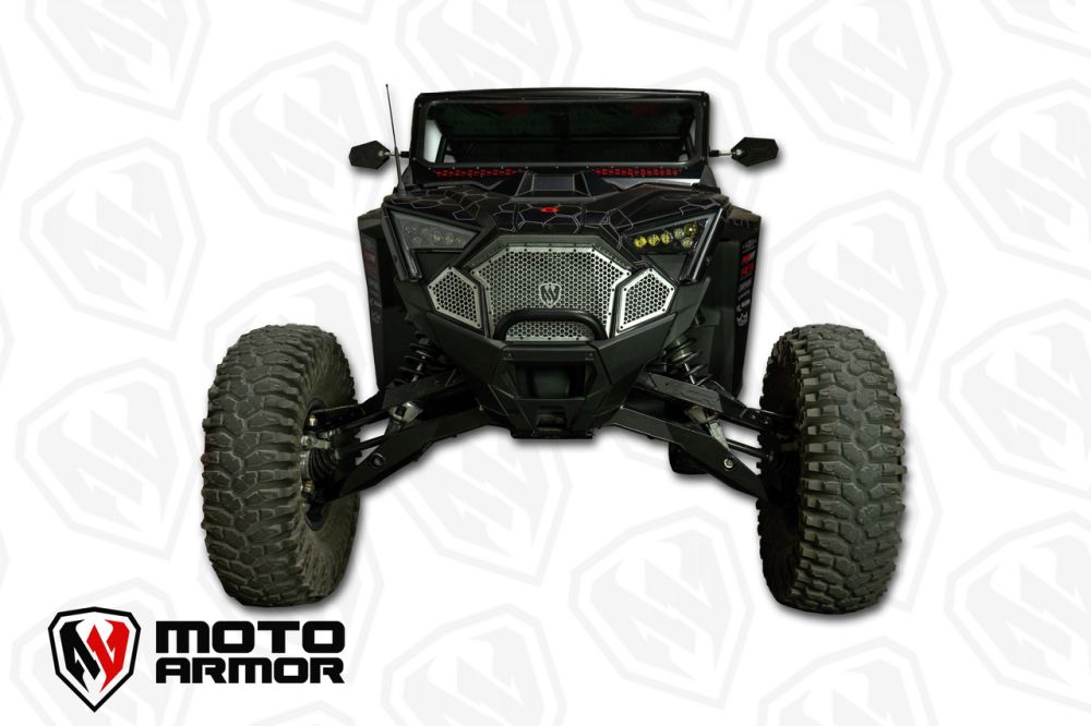 Moto Armor Complete Front Grill Set Black Trim Raw Mesh