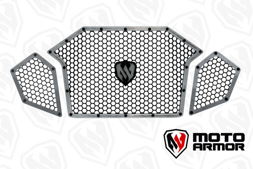 Moto Armor Complete Front Grill Set Raw Trim Black Mesh