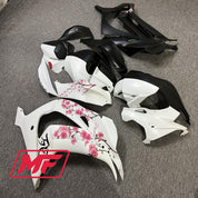 Monster Fairings Full Kit Kawasaki ZX-10R 16-20 Matte Black and White Split Cherry Blossom + Windshield + Gas Tank Cover