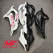 Monster Fairings Full Kit Kawasaki ZX-10R 16-20 Matte Black and White Split Cherry Blossom + Windshield + Gas Tank Cover
