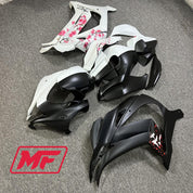 Monster Fairings Full Kit Kawasaki ZX-10R 16-20 Matte Black and White Split Cherry Blossom + Windshield + Gas Tank Cover
