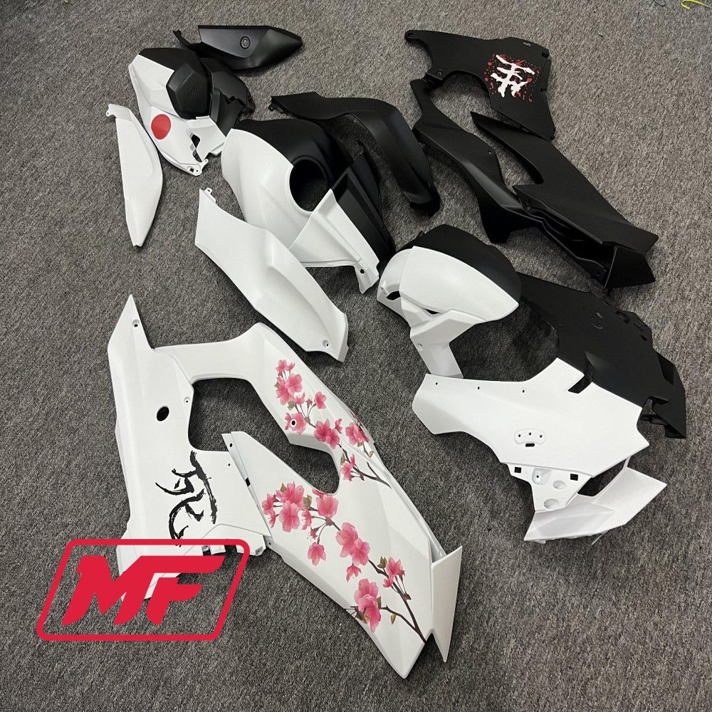 Monster Fairings Full Kit Kawasaki ZX-10R 21-25 Black And White Split Cherry Blossom + Windshield + Gas Tank Cover