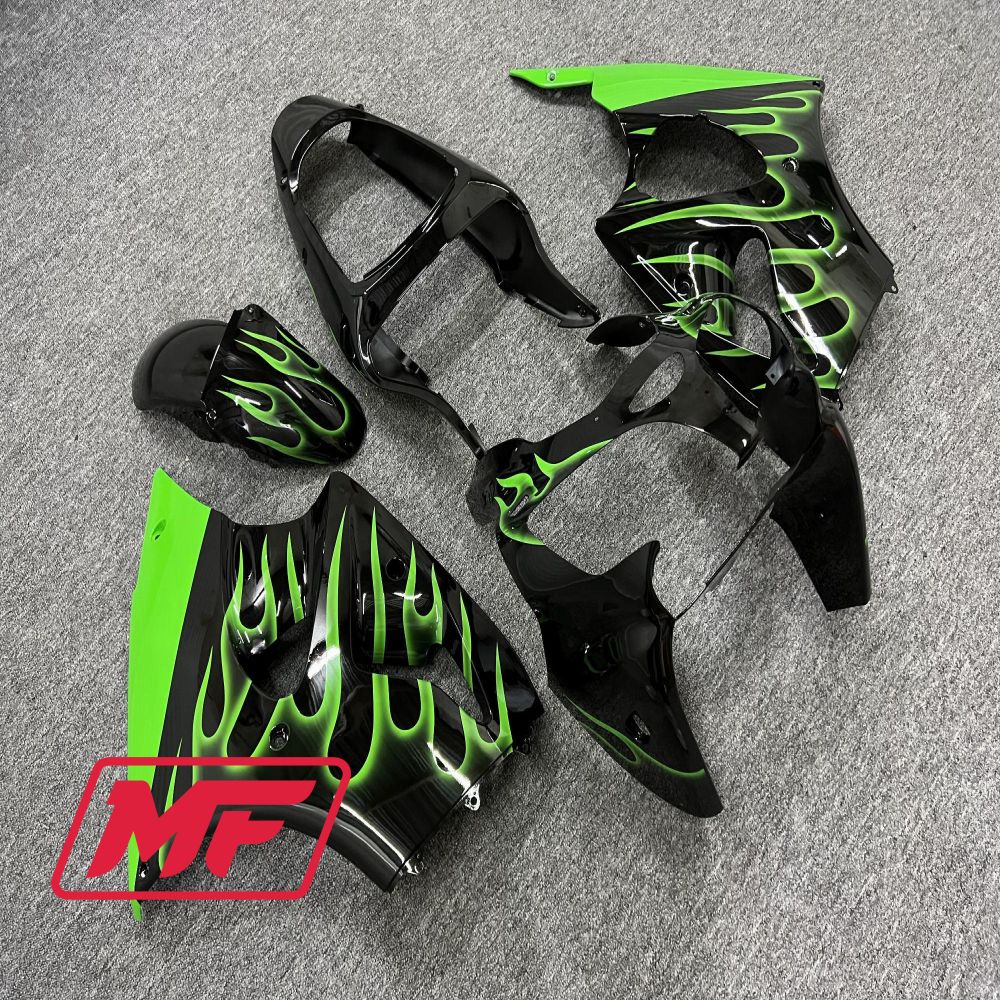 Monster Fairings Full Kit Kawasaki ZX-6R 00-02 Gloss Flame Green and Black + Windshield + Gas Tank Cover