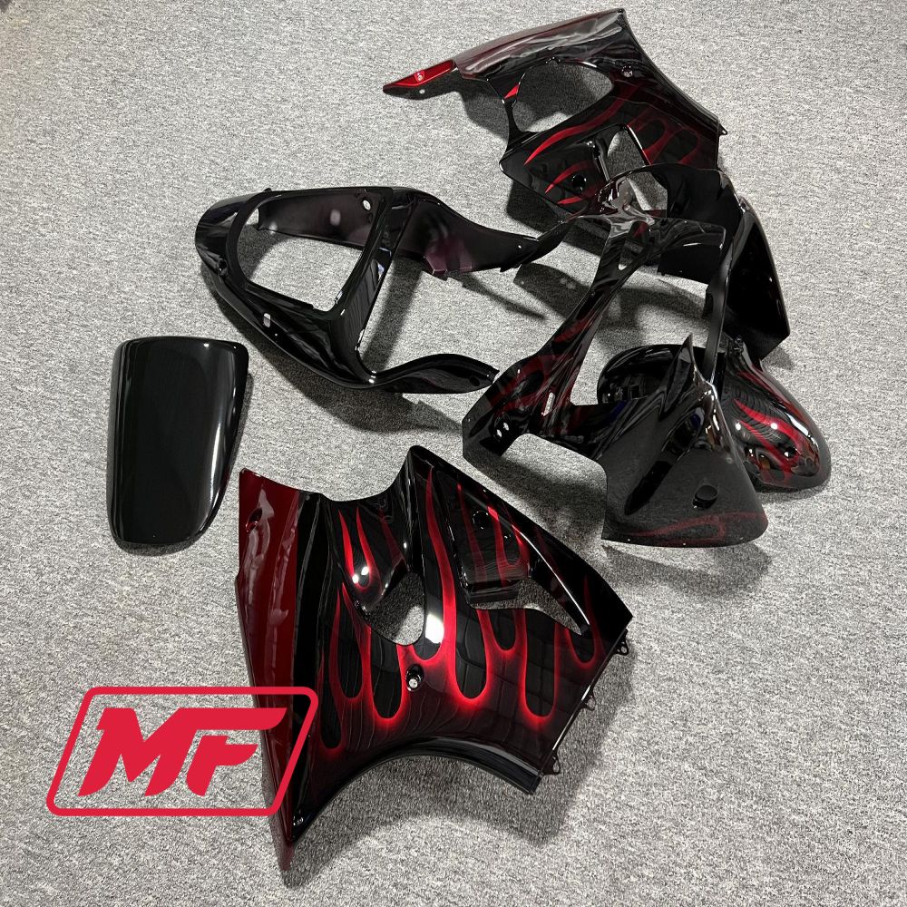 Monster Fairings Full Kit Kawasaki ZX6R 00-02 Gloss Black Red Flames + Windshield + Gas Tank Cover