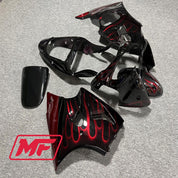 Monster Fairings Full Kit Kawasaki ZX6R 00-02 Gloss Black Red Flames + Windshield + Gas Tank Cover