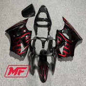 Monster Fairings Full Kit Kawasaki ZX6R 00-02 Gloss Black Red Flames + Windshield + Gas Tank Cover