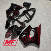 Monster Fairings Full Kit Kawasaki ZX6R 00-02 Gloss Black Red Flames + Windshield + Gas Tank Cover