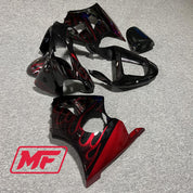 Monster Fairings Full Kit Kawasaki ZX6R 00-02 Gloss Black Red Flames + Windshield + Gas Tank Cover