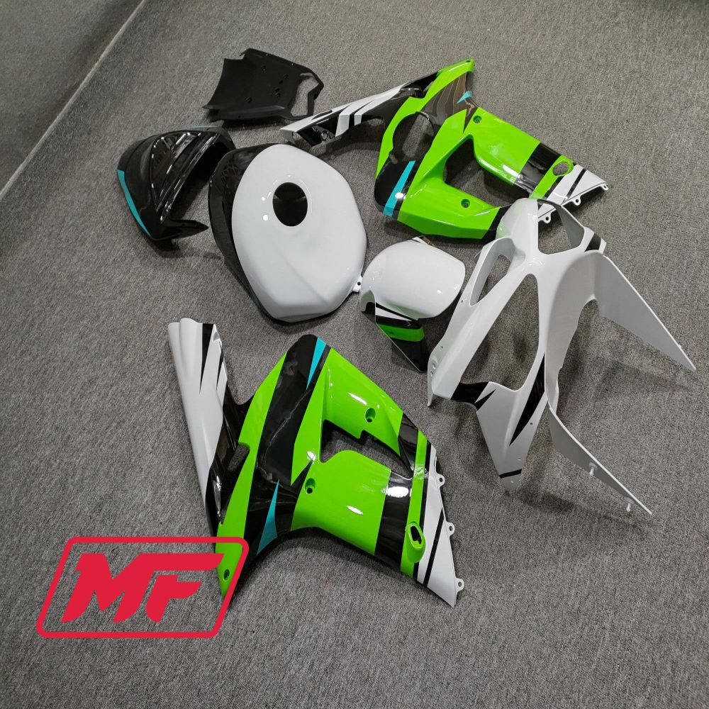 Monster Fairings Full Kit Kawasaki ZX-6R 03-04 Gloss Green and White + Windshield + Gas Tank Cover