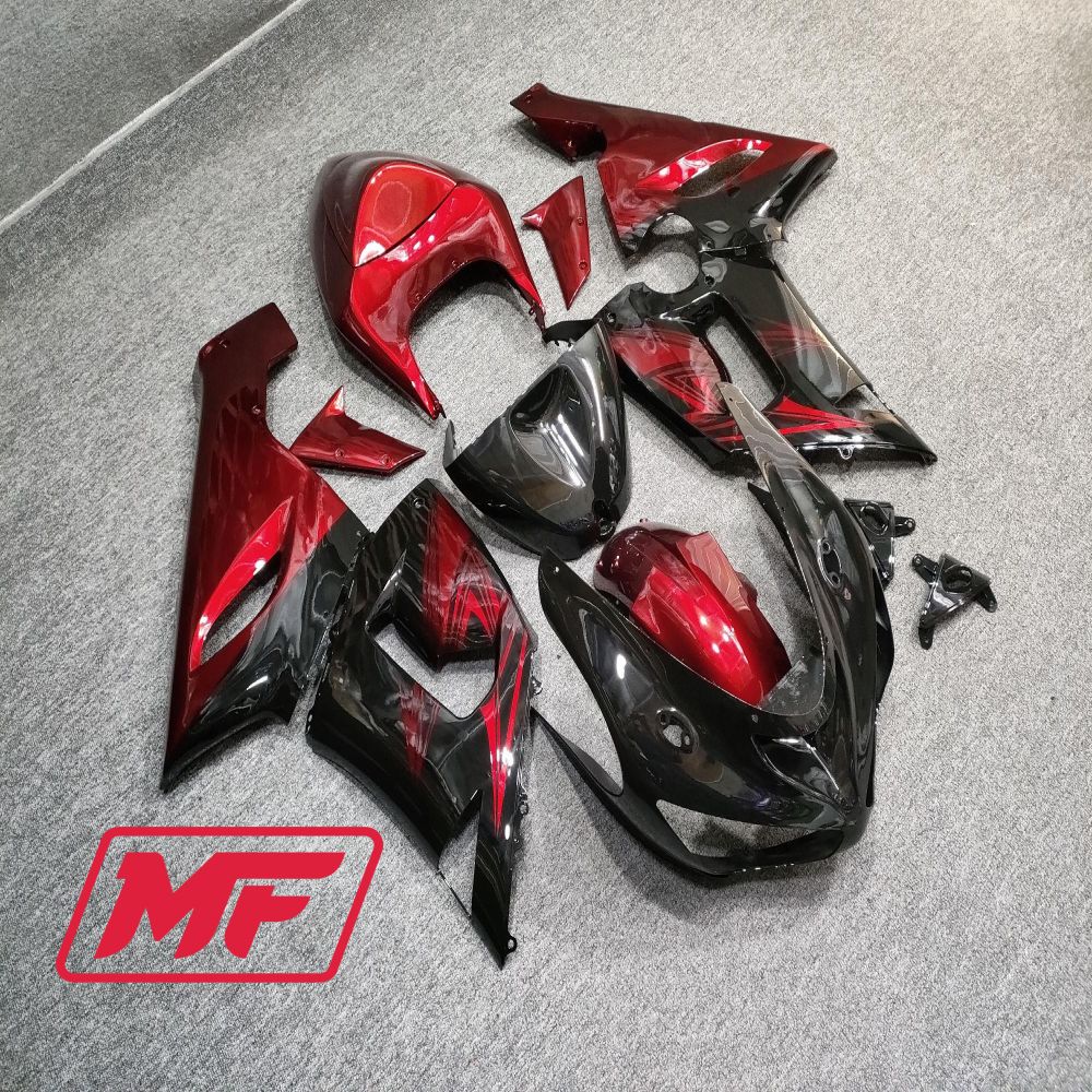 Monster Fairings Full Kit Kawasaki ZX-6R 05-06 Gloss Black and Red + Windshield + Gas Tank Cover