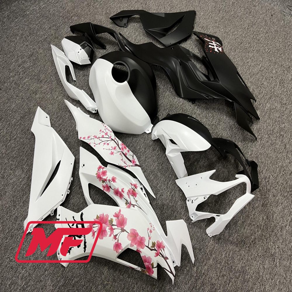 Monster Fairings Full Kit Kawasaki ZX-6R 19-23 Matte Black And White Split Cherry Blossom + Windshield + Gas Tank Cover