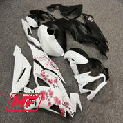 Monster Fairings Full Kit Kawasaki ZX-6R 19-23 Matte Black And White Split Cherry Blossom + Windshield + Gas Tank Cover