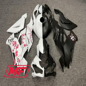 Monster Fairings Full Kit Kawasaki ZX-6R 19-23 Matte Black And White Split Cherry Blossom + Windshield + Gas Tank Cover