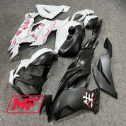 Monster Fairings Full Kit Kawasaki ZX-6R 19-23 Matte Black And White Split Cherry Blossom + Windshield + Gas Tank Cover