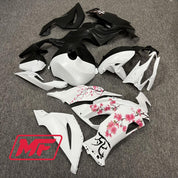 Monster Fairings Full Kit Kawasaki ZX-6R 19-23 Matte Black And White Split Cherry Blossom + Windshield + Gas Tank Cover