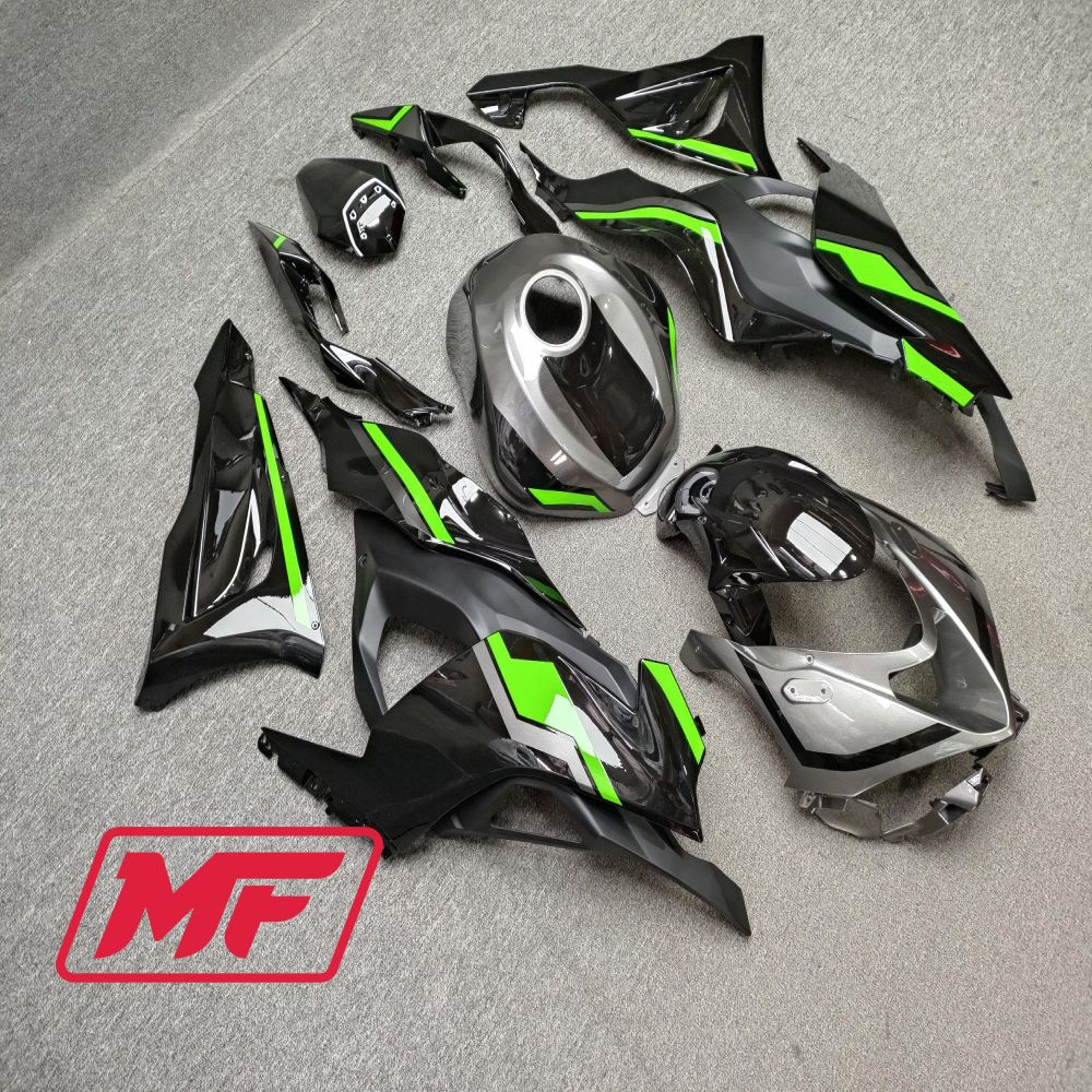 Monster Fairings Full Kit Kawasaki ZX-6R 24 Black w/ Silver and Green + Windshield + Gas Tank Cover