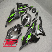 Monster Fairings Full Kit Kawasaki ZX-6R 24 Black w/ Silver and Green + Windshield + Gas Tank Cover