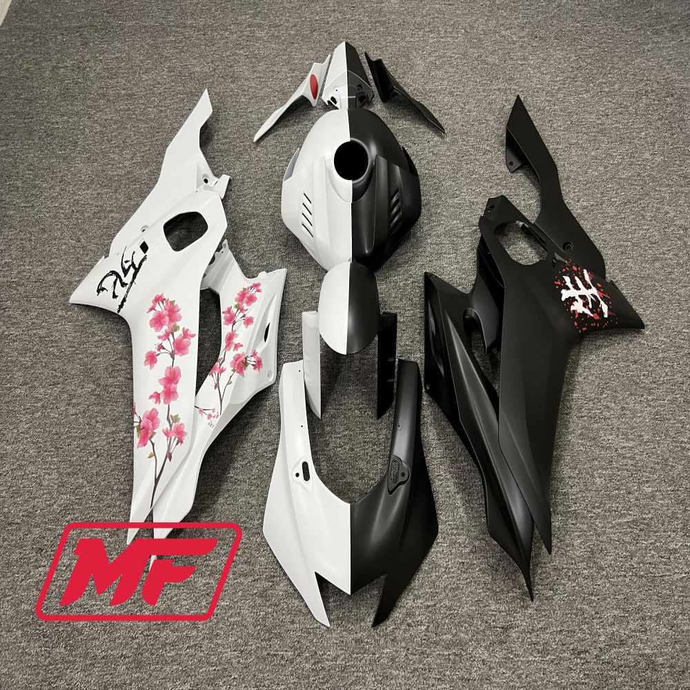Monster Fairings Full Kit Yamaha R6 17-22 Matte Black And White Split Cherry Blossom + Windshield + Gas Tank Cover