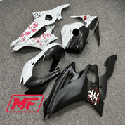 Monster Fairings Full Kit Yamaha R6 17-22 Matte Black And White Split Cherry Blossom + Windshield + Gas Tank Cover