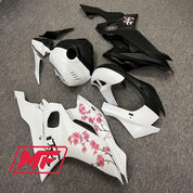 Monster Fairings Full Kit Yamaha R6 17-22 Matte Black And White Split Cherry Blossom + Windshield + Gas Tank Cover