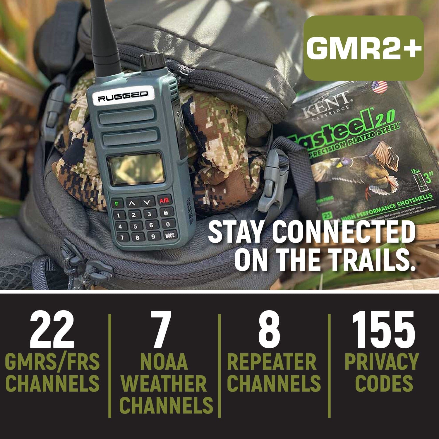 Rugged Radios ADVENTURE PACK - 2 PACK - GMR2 PLUS GMRS and FRS Two Way Handheld Radios with XL Batteries and Long Range Antennas - Grey RUGGED-ADVENTURE-PACK