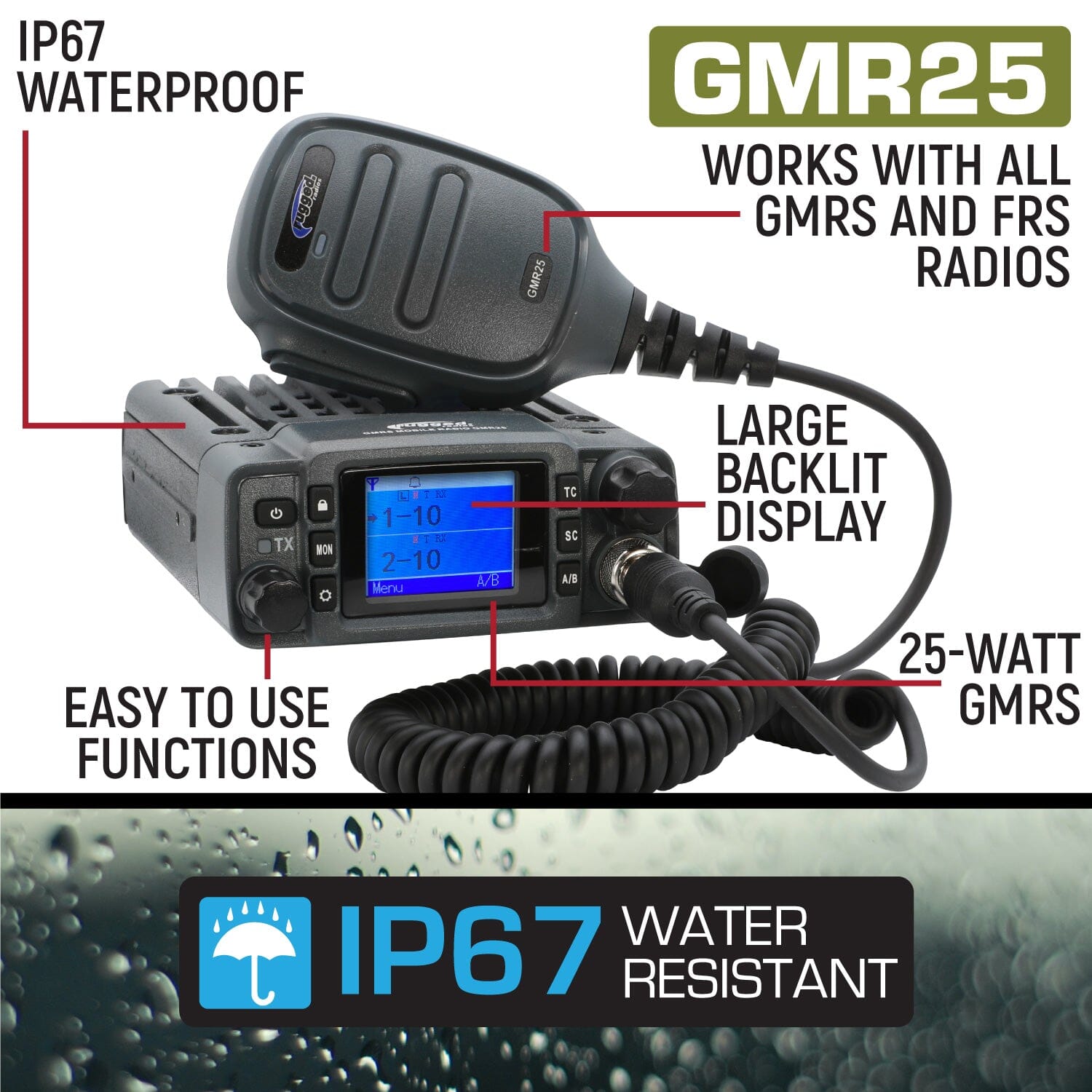 Rugged Radios Radio Kit - GMR25 Waterproof GMRS Band Mobile Radio with Antenna RK-GMR25