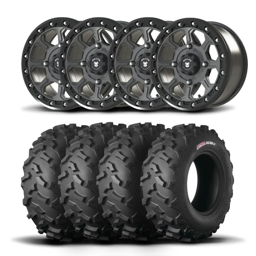 Set of Four Bullite Ruler Wheels 15" Gray And Kenda K3203 Mastodon AT Tires [30x10-15]