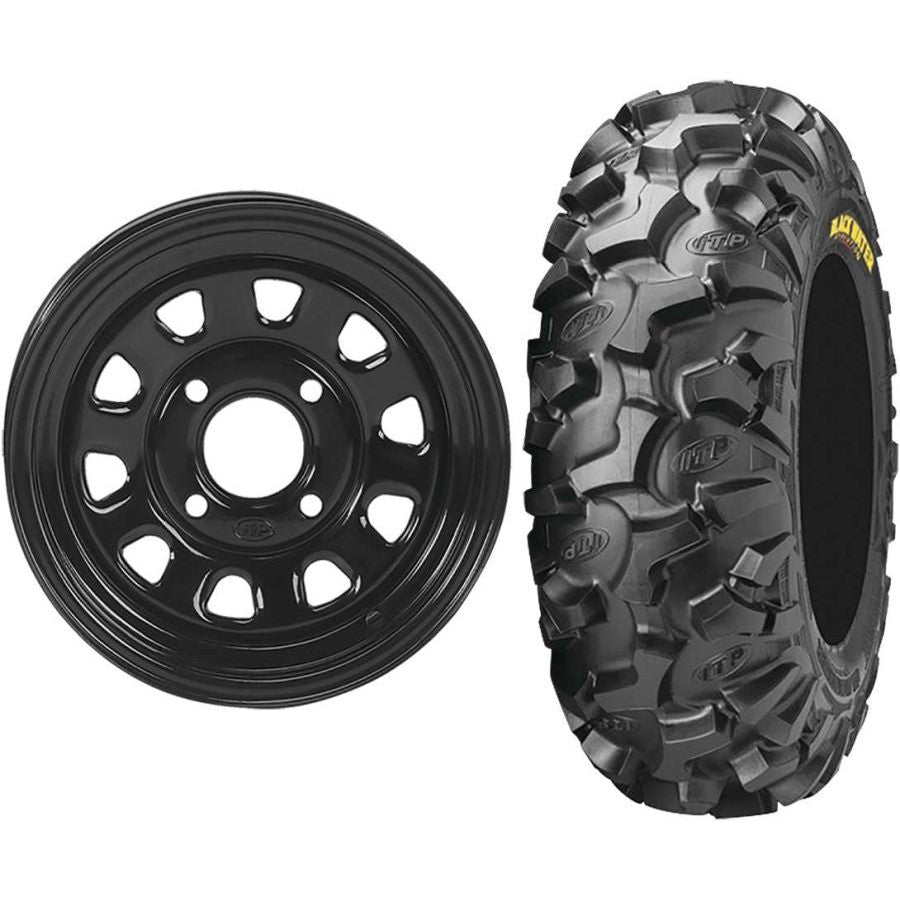 Set of 2 Mounted Wheel and Tire Kit Wheel: 12x7 4+3 4/110 Tire: 28x10-12 8 Ply