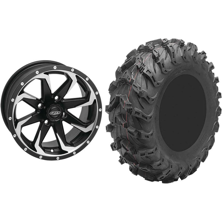 Set of 2 Mounted Wheel and Tire Kit Wheel: 14x7 4+3 4/156 Tire: 27x9-14 8 Ply