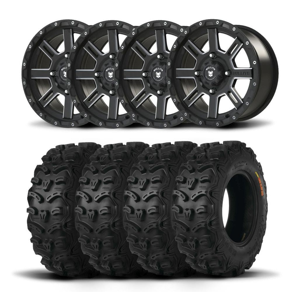Set of Four Bullite Lancer Wheels 14" Black And Kenda K587 Bearclaw HTR Tires [28x9R-14]