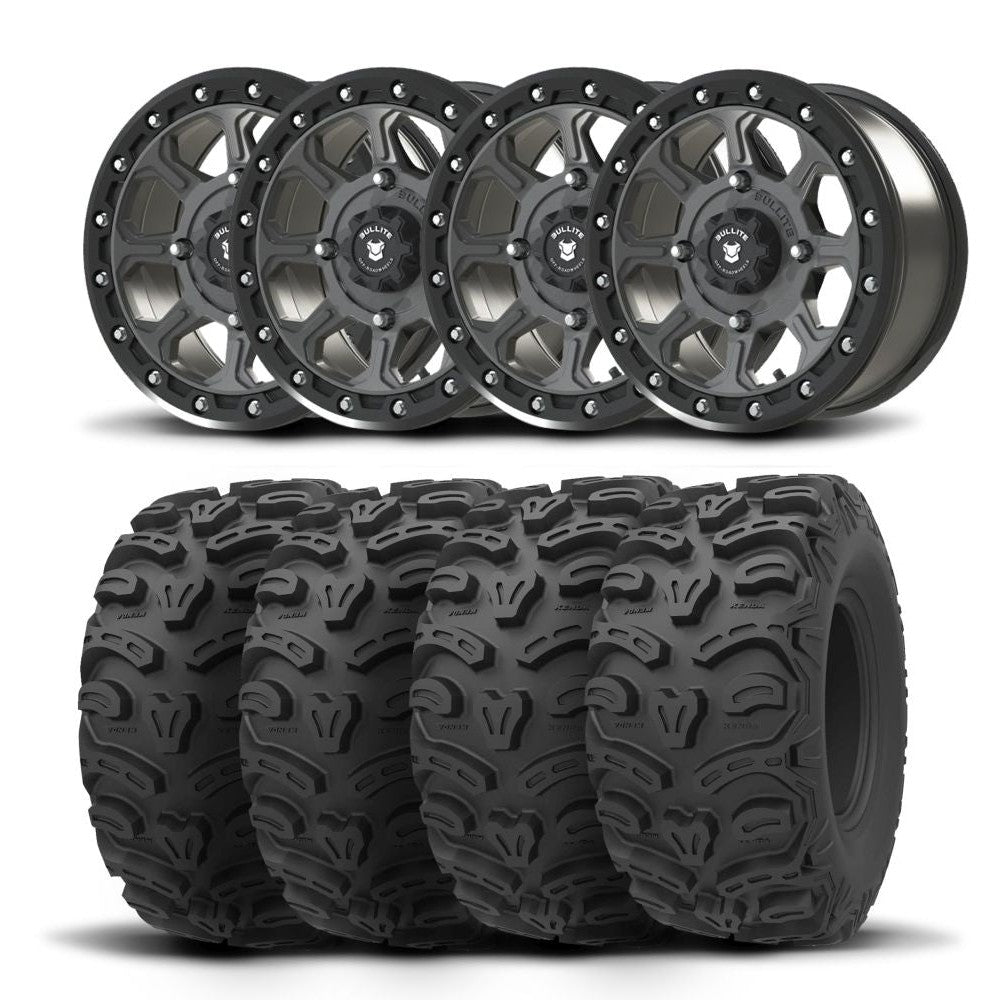 Set of Four Bullite Ruler Wheels 14" Gray And Kenda K587 Bearclaw HTR Tires [28x11R-14]