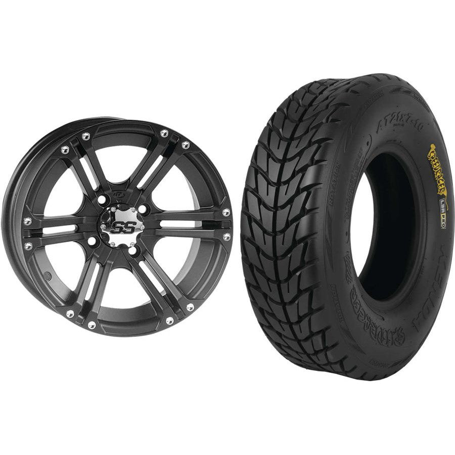 Set of 2 Mounted Wheel and Tire Kit Wheel: 12x7 5+2 4/137 Tire: 25x8-12 6 Ply