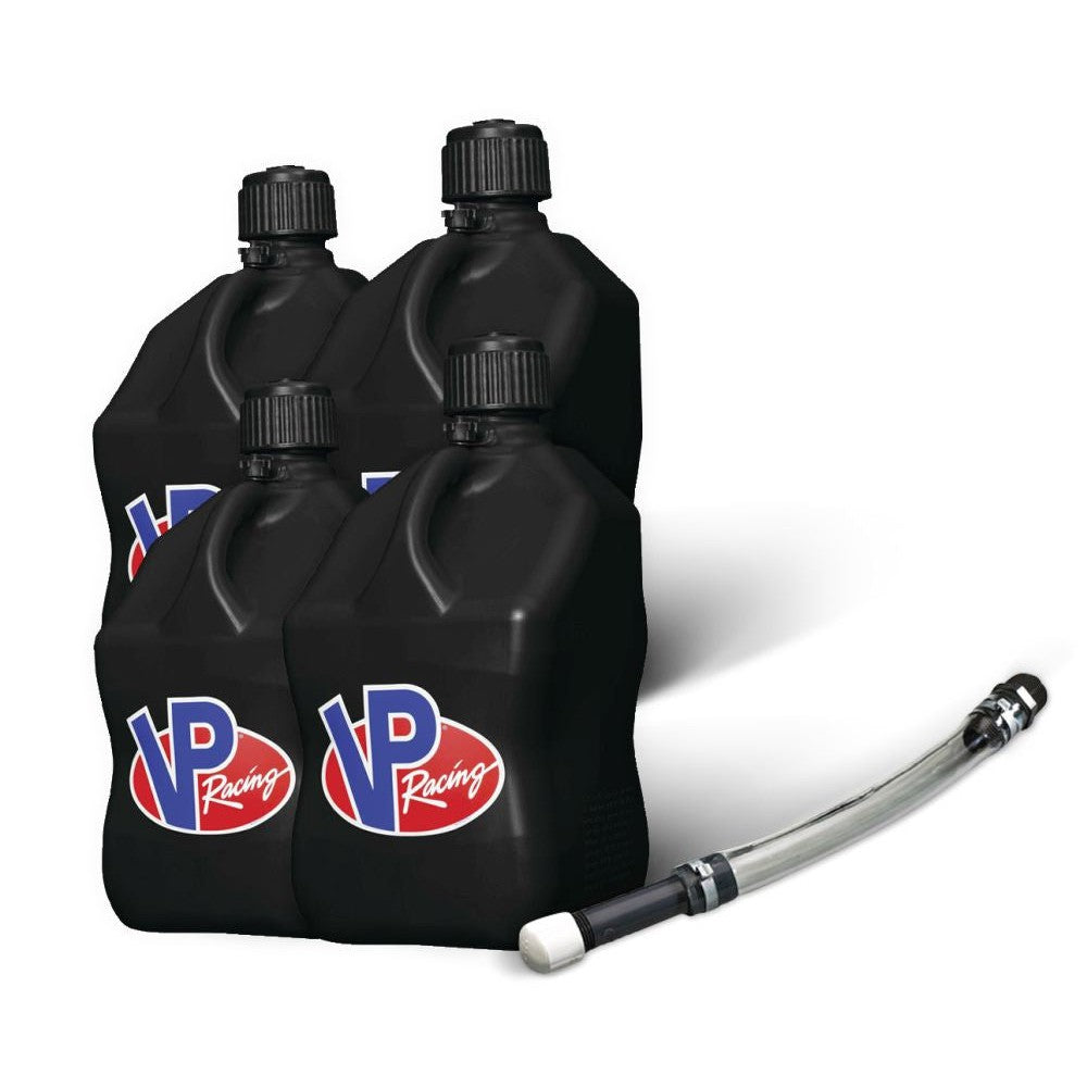 VP Racing 4 Pack Black 5.5 Gallon Square Utility Jugs + Deluxe Fill Hose