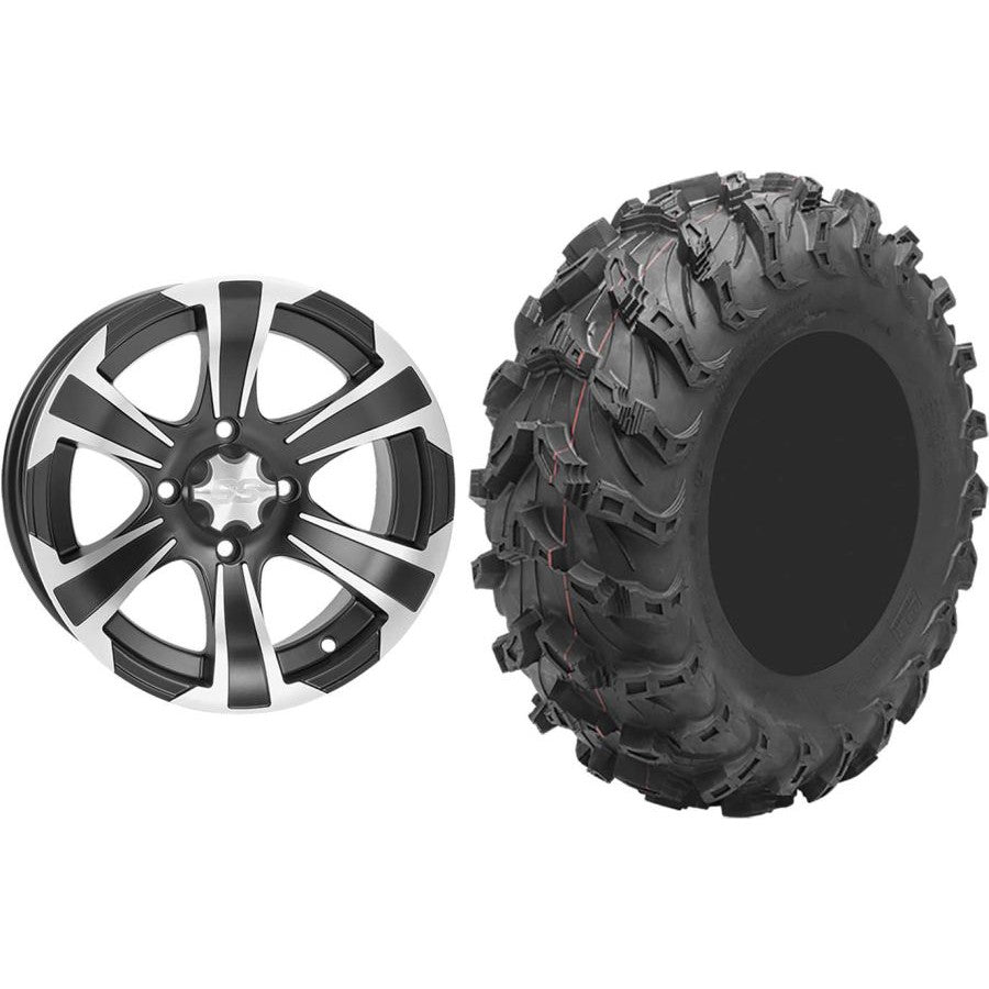 Set of 2 Mounted Wheel and Tire Kit Wheel: 12x7 2+5 4/110 Tire: 27x11-12 8 Ply