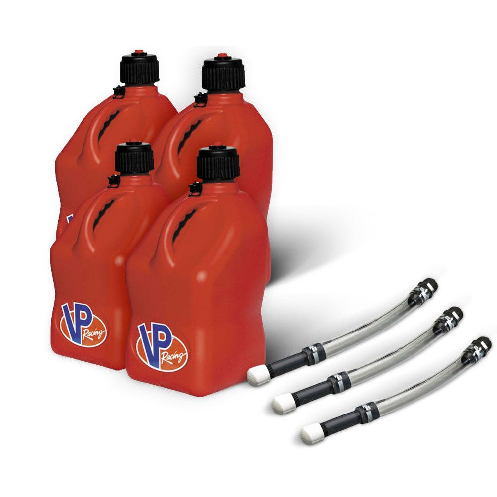 VP Racing 4 Pack Red 5.5 Gallon Square Utility Jugs + 3 Deluxe Fill Hoses