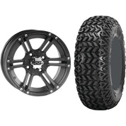 Set of 2 Mounted Wheel and Tire Kit Wheel: 12x7 5+2 4/110 Tire: 25x9-12 4 Ply