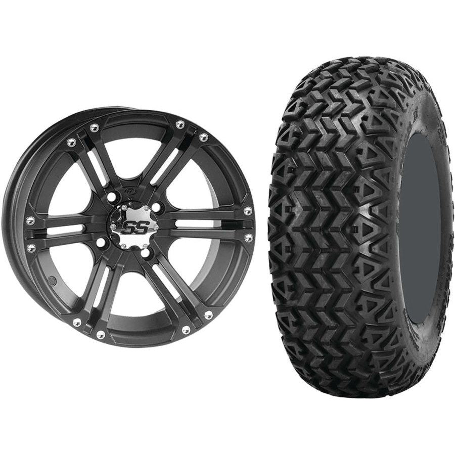Set of 2 Mounted Wheel and Tire Kit Wheel: 12x7 5+2 4/110 Tire: 25x9-12 4 Ply