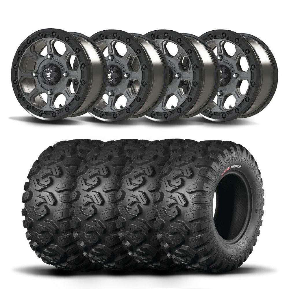 Set of Four Bullite Ruler Wheels 14" Gray And Kenda K3201 Mastodon HT Tires [32x10R-14]