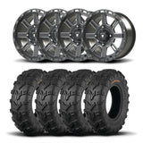 Juego de cuatro rines Bullite Lancer de 14" grises y neumáticos Kenda K592 Bearclaw EVO [26x9-14]