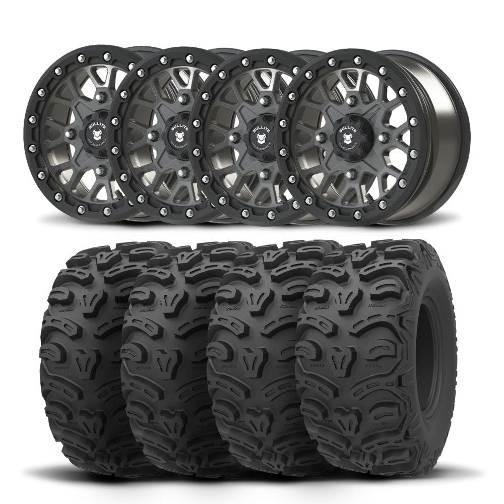 Set of Four Bullite Rider Wheels 14" Gray And Kenda K587 Bearclaw HTR Tires [28x11R-14]