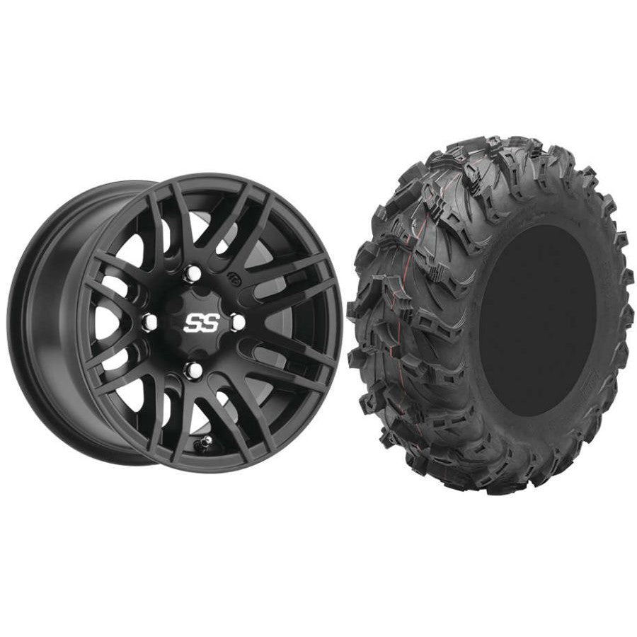 Set of 2 Mounted Wheel and Tire Kit Wheel: 14x7 4+3 4/156 Tire: 27x9-14 8 Ply