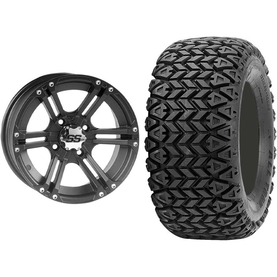 Set of 2 Mounted Wheel and Tire Kit Wheel: 12x7 5+2 4/110 Tire: 25x10.5-12 4 Ply