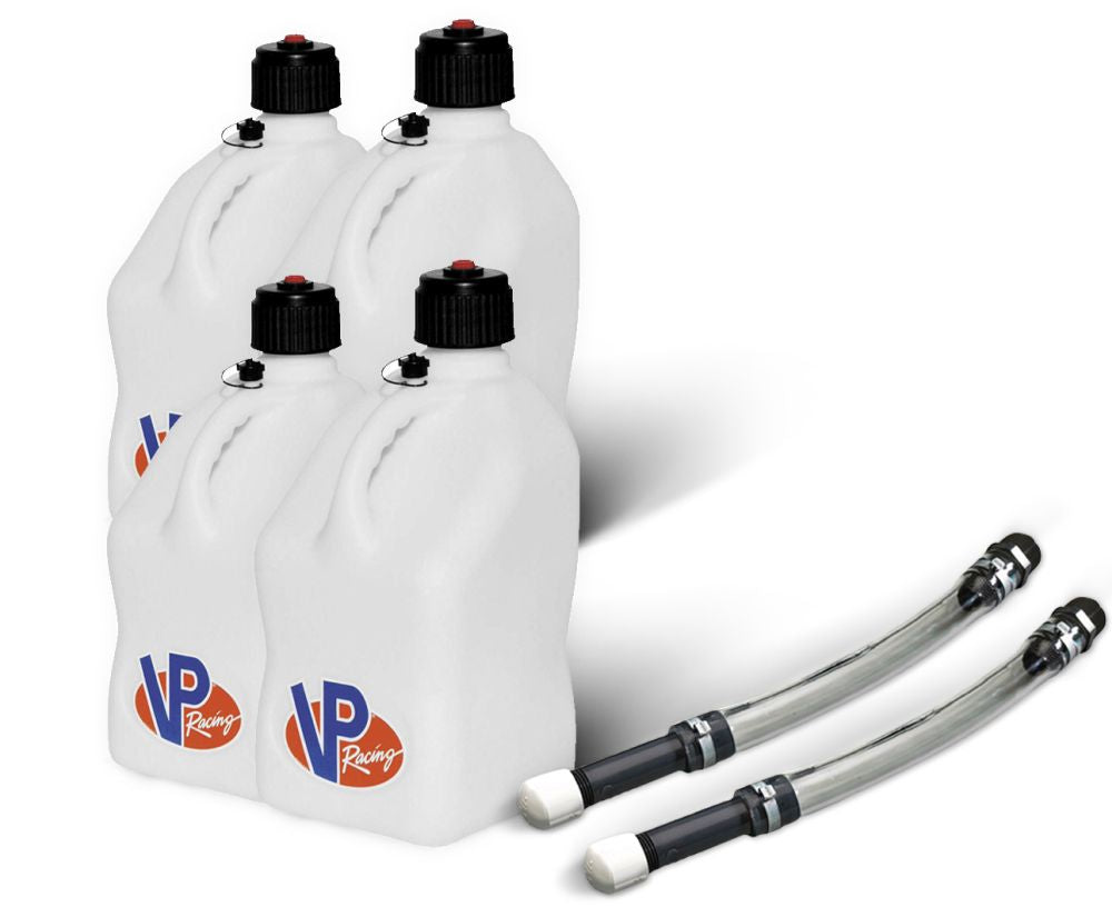 VP Racing 4 Pack White 5.5 Gallon Square Utility Jugs + 2 Deluxe Fill Hoses