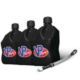 VP Racing - Paquete de 3 bidones cuadrados negros de 5,5 galones + manguera de llenado de lujo