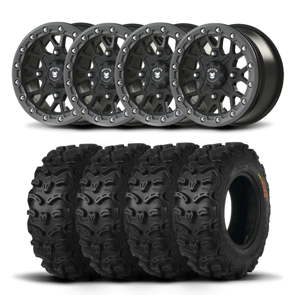 Set of Four Bullite Rider Wheels 14" Gray And Kenda K587 Bearclaw HTR Tires [28x9R-14]