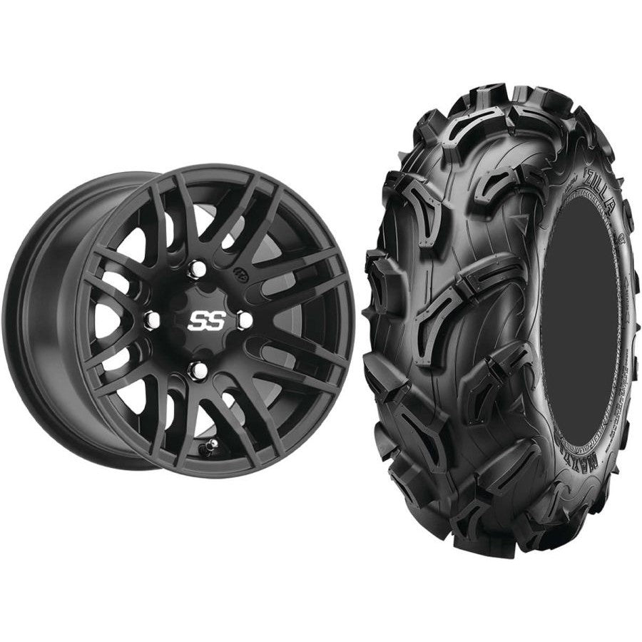 Set of 2 Mounted Wheel and Tire Kit Wheel: 12x7 5+2 4/110 Tire: 27x9-12 6 Ply